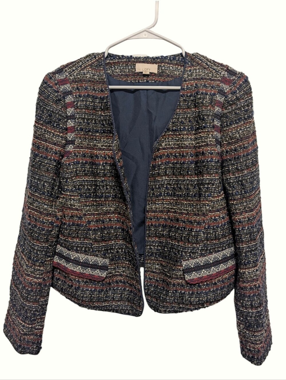 LOFT Multicolor Tweed Blazer Open Front Navy Rust Women's Size 14